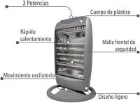 Estufa calefactor portátil de bajo consumo, Estufa eléctrica con 3 niveles de potencia 400/800/1200W, 3 tubos de cuarzo, Calentador para el baño, casa, oficina - details 5