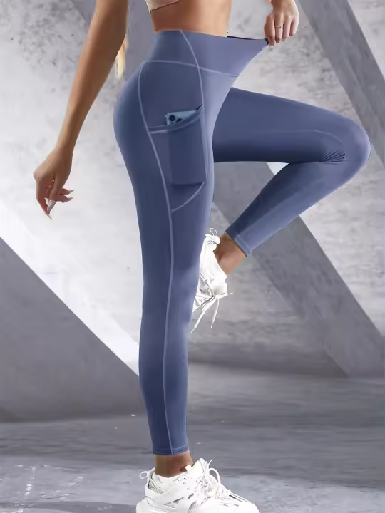 Leggings De Cintura Alta Para Mujer Con Bolsillos Yoga Fitness Running Sportswear De Color Sólido Estilo Elegante Y Cómodo - 1