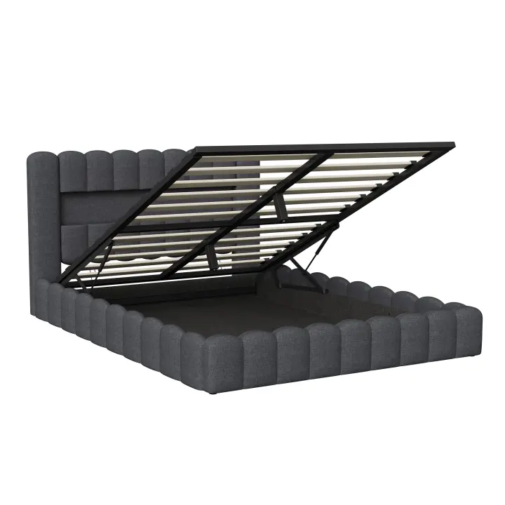 Cama canapé 140x200/160x200 cm con LED en cabecero, cama tapizada en lino gris con almacenamiento y somier de láminas, cama doble moderna sin colchón - 1
