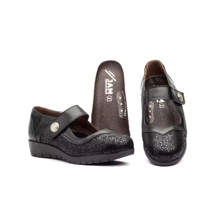 Zapatos Mujer Piel Negro y ocre Licra Cuña 784 Zapatos de mujer ancho especial Material corte exterior en piel negra y licra Material corte interior en piel y licra Plantilla interior de piel Altura cuña 3 cm Marca Calzados JAM - 1