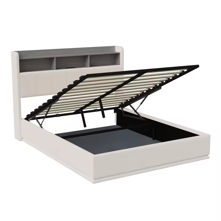 Cama tapizada 140x200 cm 160x200 cm, cama doble con cabecero de almacenaje, LED RGB, puerto de carga, somier de lamas, terciopelo beige - 1