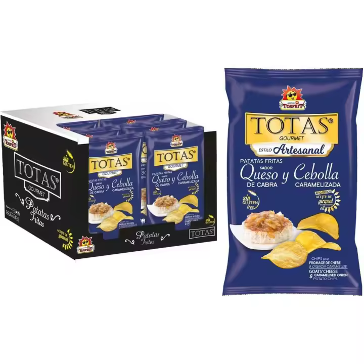 Tosfrit Aperitivos: Caja de Patatas Fritas Queso de Cabra y Cebolla Caramelizada - 9 bolsas con 130gr cada una - 1