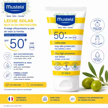 Mustela - Leche solar Mustela SPF50+ 40 ml para piel sensible desde el nacimiento, resistente al agua y de alta tolerancia dermatológica - 1