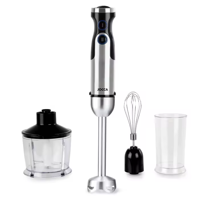 Batidora de mano Jocca con potencia de 1200W, 6 velocidades, modo turbo, sistema Simple-Click y cuatro cuchillas de acero inoxidable. Incluye vaso medidor, varillas batidoras y picadora. - 1