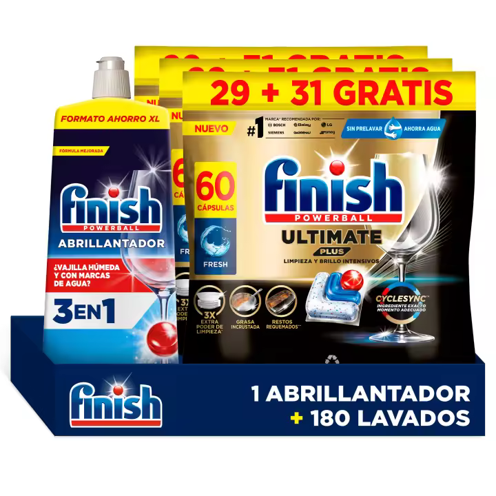 Finish Pack Brillo Total – 3x Ultimate Plus 180 Pastillas (Formato 3x60 Pastillas) + Abrillantador XL 287 Lavados Finish Ultimate Plus + Abrillantador – Limpieza intensiva y secado impecable - 1