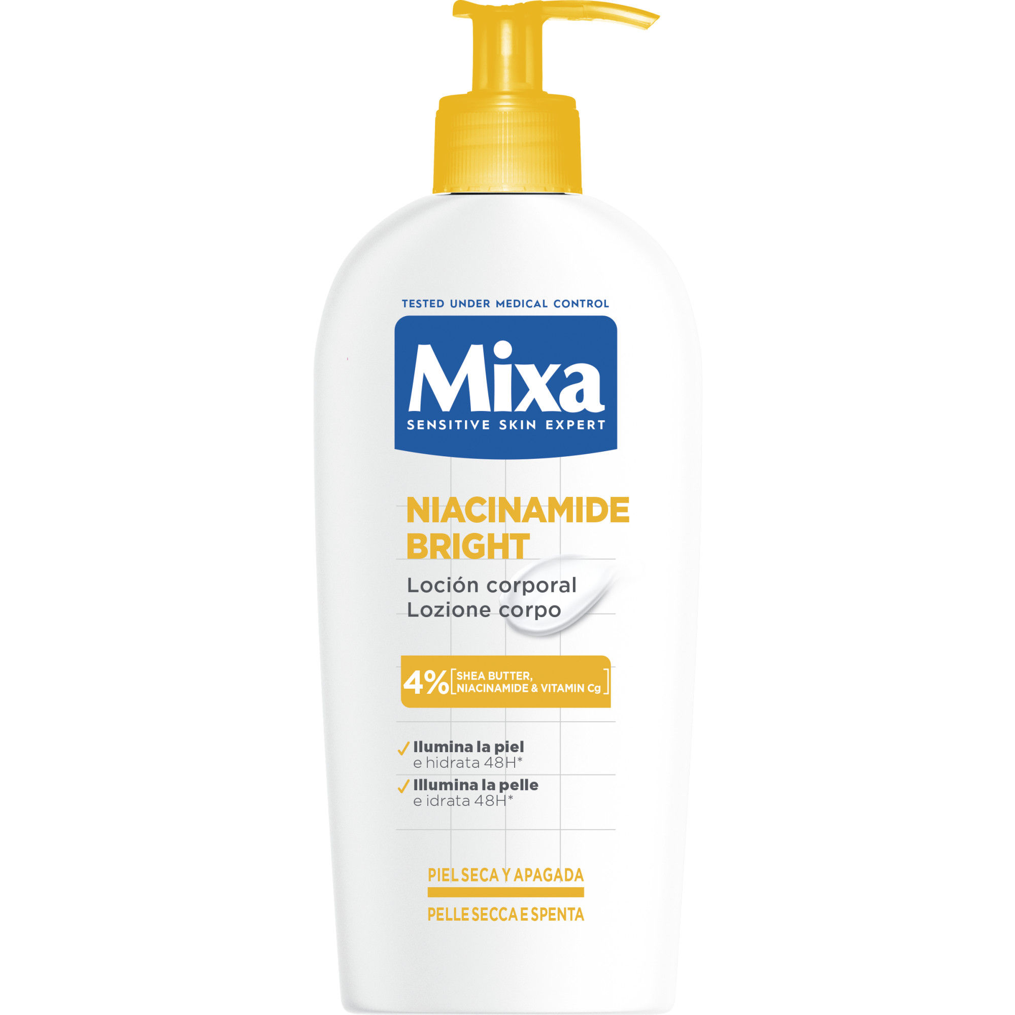 MIXA | Crema, Loción Corporal y/o aceite corporal anti estrias con niacinamida antimanchas e iluminadora para una piel sana, radiante y un tono uniforme.
