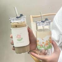 2PCS Vaso De Café Cuadrado Resistente Al Calor Con Tapa Y Pajita Para Leche Y Jugo Vidrio Transparente Para Hogar Y Barra De Bebidas Ecológicas - details 0