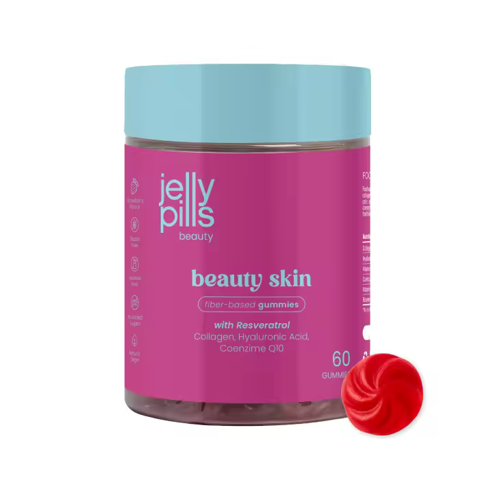 Jelly Pills Gominolas de Colágeno 500 mg + Resveratrol 50 mg + Ácido Hialurónico + Coenzima Q10 + Vitaminas C y E - 60 Gummies Veganas para 2 meses - Sin Azúcares Añadidos - Sabor Fresa Natural - Piel y Articulaciones - 1
