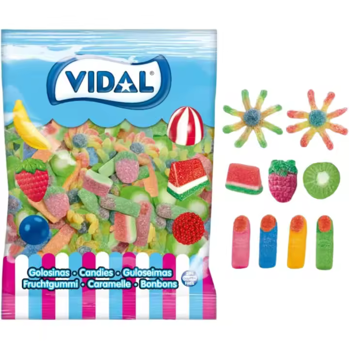Vidal Mix Ácido bolsa 1 Kg - Delicioso surtido de chucherías ácido- Pulpos, fresas, dedos, kiwi, sandía - Sin gluten y sin grasa - 1