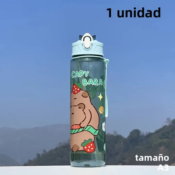 Botella De Agua Para Niños 800ML Con Pajita Y Tapa Antirotura Capybara Dibujos Animados Portátil Para Exteriores Material Plástico Reutilizable - 1
