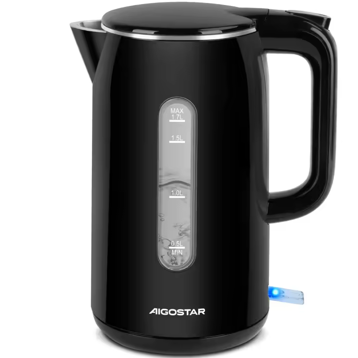Aigostar Hervidor de Agua Eléctrico 1.7L 2200W Negro con Doble Capa Anti-Quemaduras, Ventana de Agua y VDE - Protección contra Ebullición en Seco, Apagado Automático, Base Giratoria 360 ° y Luz Indicadora Azul