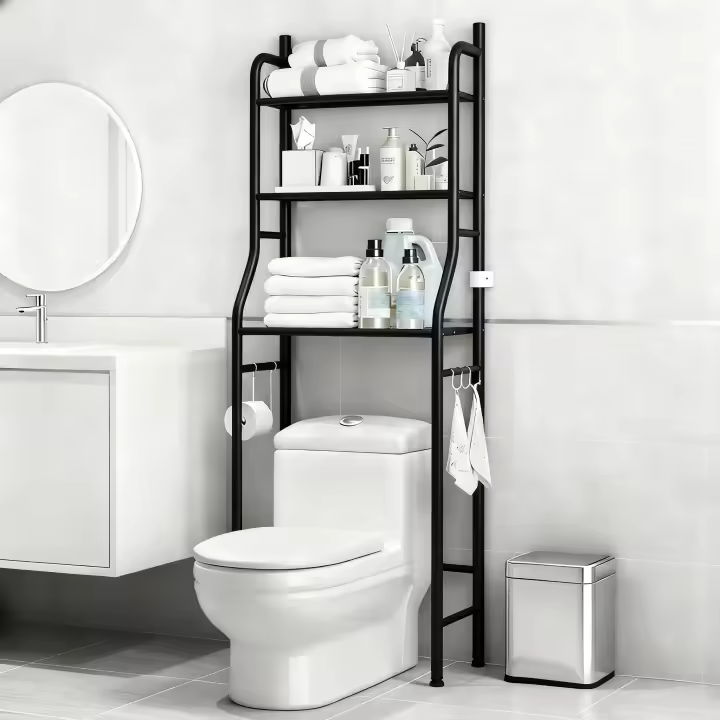 Estantería Baño, Estanteria Metal sobre Inodoro o Lavadora 3 Baldas con Ganchos para Colgar, Ahorra Espacio, Blanco Negro - 1