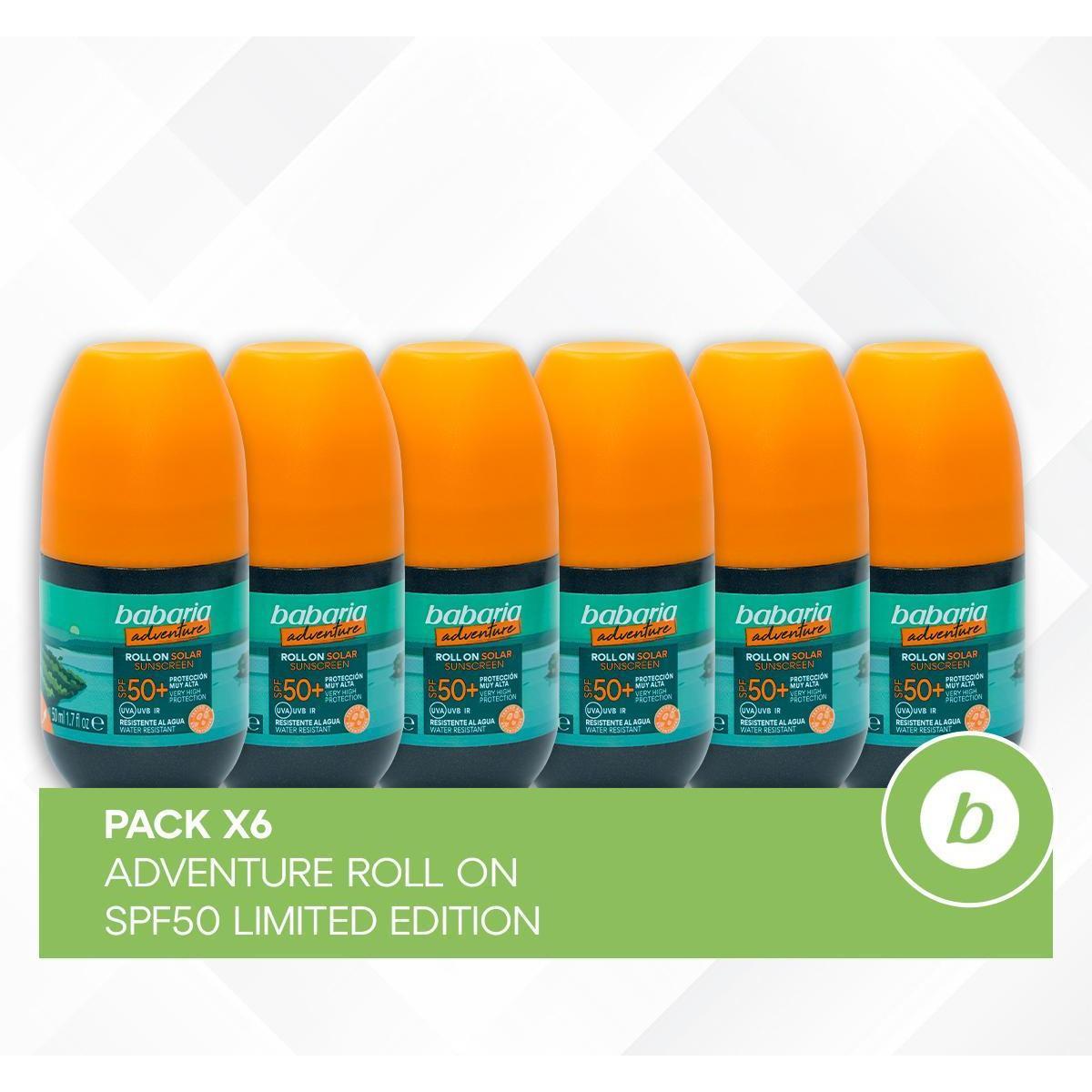 Babaria Pack x6 Adventure Roll On SPF50+ Limited Edition: Roll on Solar de Rápida Absorción, Resistente al Agua y al Sudor 50ml
