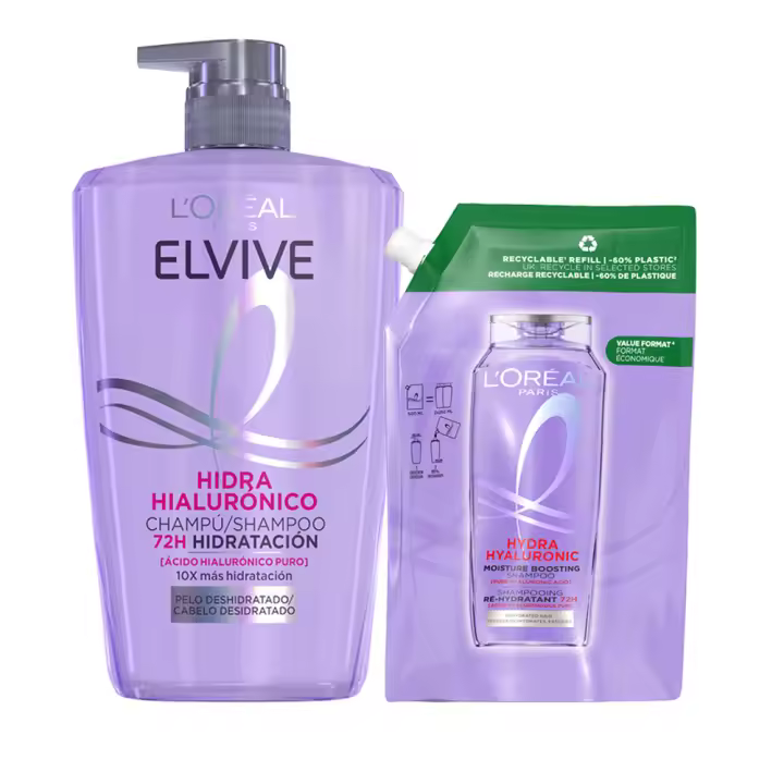 L'Oréal Paris | Rutina Elvive Hidra Hialurónico Champú 1L+ Refil Eco Pack, hasta 72h de Hidratación - 1