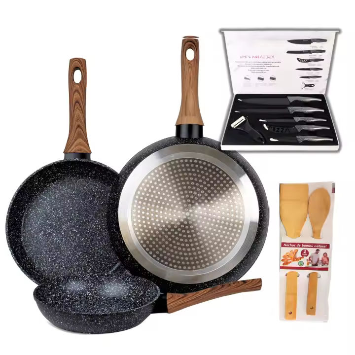 Set de 3 Sartenes de Aluminio Forjado 20/24/28 cm con Revestimiento Antiadherente de Mármol 3 Capas, Mango Ergonómico de Silicona, Aptas para Cocina de Inducción, Gas y Vitrocerámica - 1