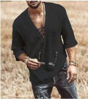 Camisa De Hombre Casual Verano Sin Capucha V-Neck Con Cordones Color Sólido Tres Cuartos Manga Cuello V De Encaje Para Comercio Exterior - details 4