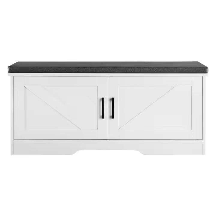 Banco para Zapatos SucceBuy con Cojín, 1000.76 x 355.6 x 459.74 mm, Organizador con Estante Ajustable y Puertas Corredizas, Ideal para Entrada, Dormitorio o Sala de Estar, Blanco y Negro - 1