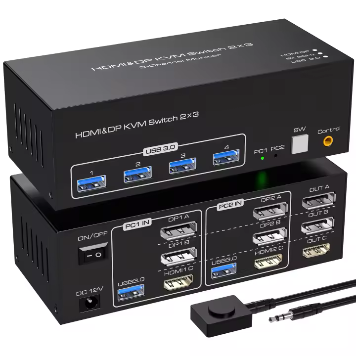 Navceker Interruptor de KVM Triple Monitor 8K Pantallas HDMI USB 3.0 Tecnología de pantalla triple 2x3 Ajuste para 3 ordenadores 144Hz 4K - 1