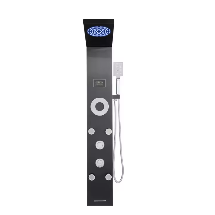 Panel de Ducha de Acero Inoxidable Cepillado SucceBuy de 134.62 cm con Cabezal de Ducha LED Tipo Lluvia, Columna de Ducha Montada en la Pared con 6 Funciones, 5 Jets Corporales, Ducha de Mano y Caño para Bañera - 1