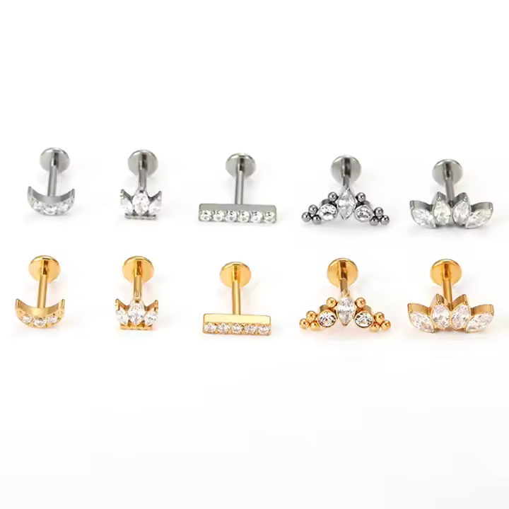 Pendiente de titanio G23 para Piercing de oreja, joyería para cartílago, Labret, tornillo de labio, Parte posterior plana chapada en oro, 1 unidad, F136 - 1
