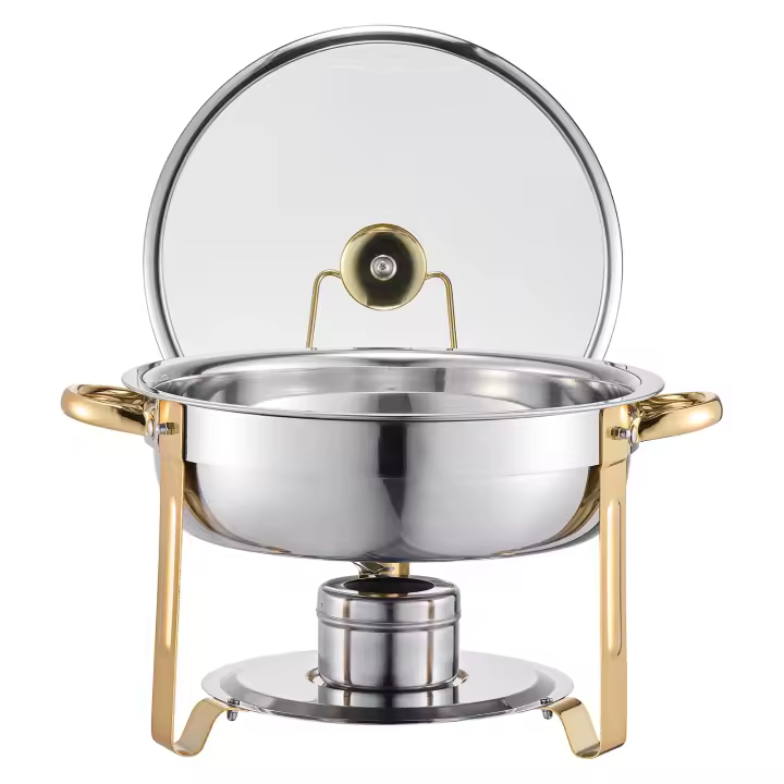 SucceBuy Juego de buffet de acero inoxidable, paquete de 4 unidades de 5 cuartos, servidor calentador redondo para catering con tapa de vidrio, sartenes de tamaño completo, soporte plegable y soporte para combustible para eventos y reuniones, dorado - 1