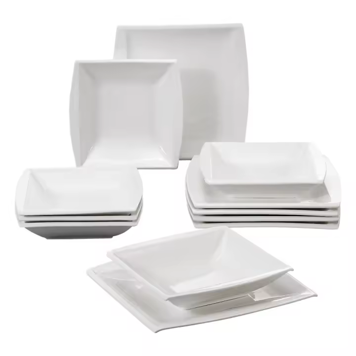MALACASA Serie Blance Platos de Cerámica 12 Piezas con 6 Platos de Sopa y Cena para 6 Personas Utilidad Ecológica Forma Cuadrada Estilo Elegante - 1