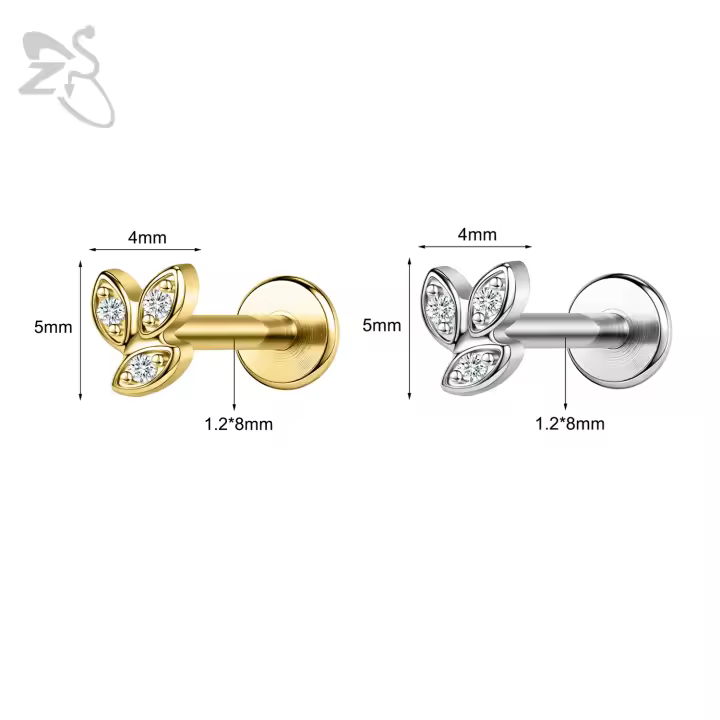 ZS-Piercing de labio Labret de acero inoxidable para hombre y mujer, Piercing de cartílago de oreja de cristal CZ, Tragus Helix, parte trasera plana, Color dorado, 16G, 1 unidad - 1