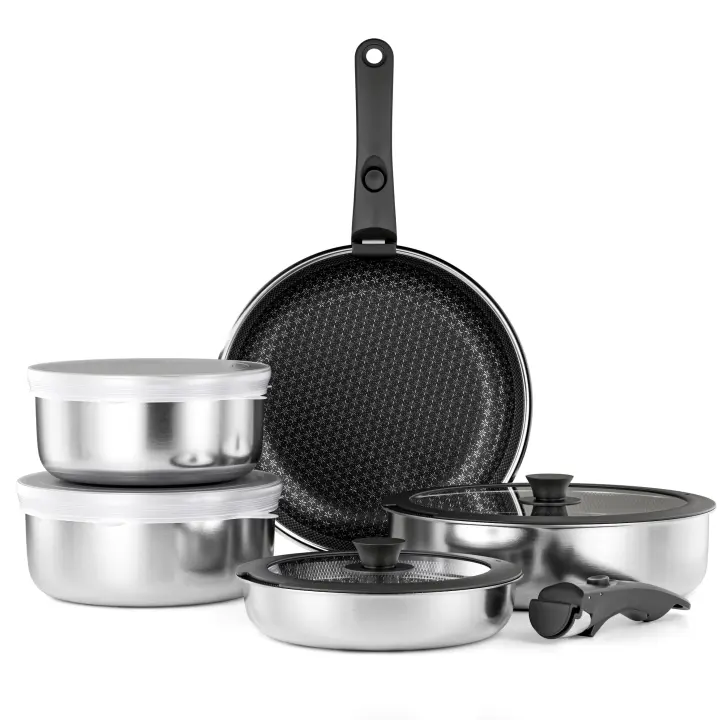 RIOVARM Acero inoxidable Juego de ollas y sartenes Inducción con asas Desmontables Cerámica Antiadherente Apilable Sartenes y ollas con Tapas Apto para hornos Apto para lavavajillas Sin PFOA - 1