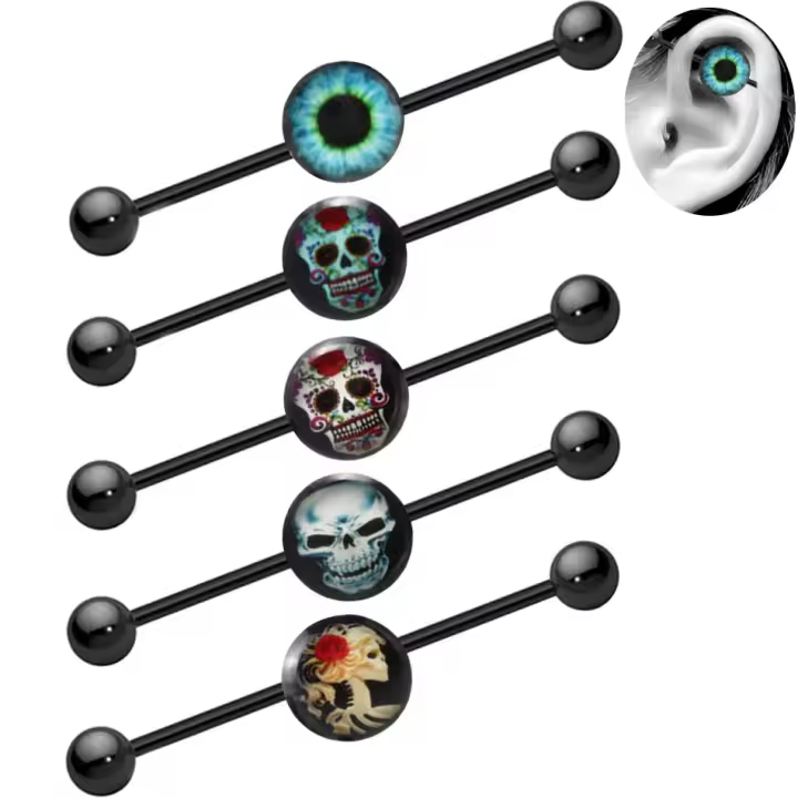 Piercing de acero quirúrgico para mujer, pendiente largo punk de 14g con forma de ojo de Calavera, barra para piercing, andamio para el cartílago de la oreja, joyería para el cuerpo con hélice, 2 piezas - 1