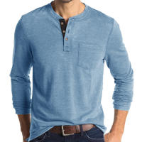 Camisa de manga larga para hombre, camisetas informales ajustadas con botones de gofres Henley, S-3XL, color azul cielo - details 1