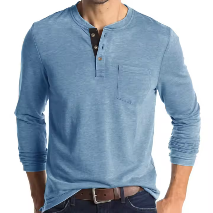 Camisa de manga larga para hombre, camisetas informales ajustadas con botones de gofres Henley, S-3XL, color azul cielo - 1