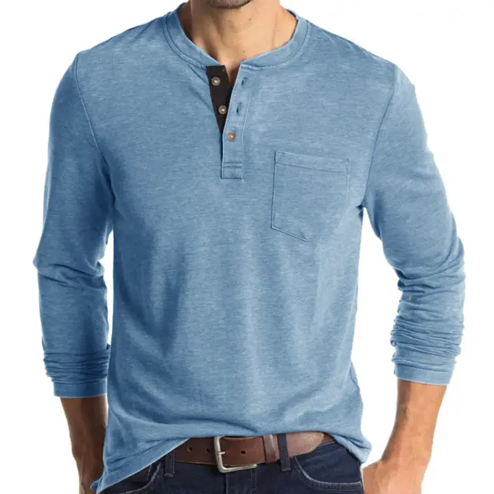 Camisa de manga larga para hombre, camisetas informales ajustadas con botones de gofres Henley, S-3XL, color azul cielo - 1