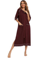 Bata larga de media manga con cremallera para mujer, ropa de dormir de longitud completa, Camisón con bolsillos, bata de baño - details 15