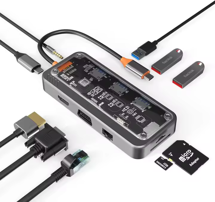 Dongle USB C HUB Estación de Acoplamiento de 10-en-1 con HDMI 4K, VGA, PD de Tipo C, USB3.0, Ethernet RJ45, Lector de Tarjetas SD/TF Productos Normales de China - 1
