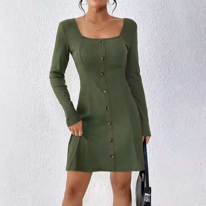 Vestido de estilo simple y elegante para mujeres falda corta con textura de cuello cuadrado - 1