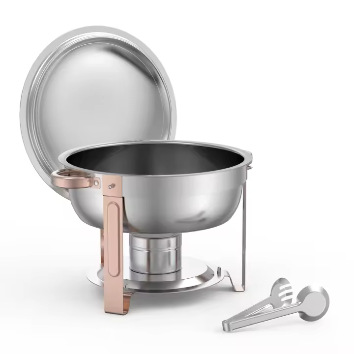 SucceBuy Juego de buffet para calentar comida, paquete de 4 de 5 cuartos, calentador de alimentos de acero inoxidable con 4 sartenes de tamaño completo, servidor redondo para catering con tapa, bandeja para agua, ideal para bodas, fiestas y banquetes, oro - 1
