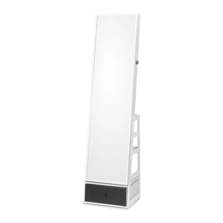 Compra exitosa 360 ° Gabinete de joyería con espejo giratorio de pie, forrado de terciopelo, LED, cajón, con cerradura, blanco, organizador de almacenamiento - 1