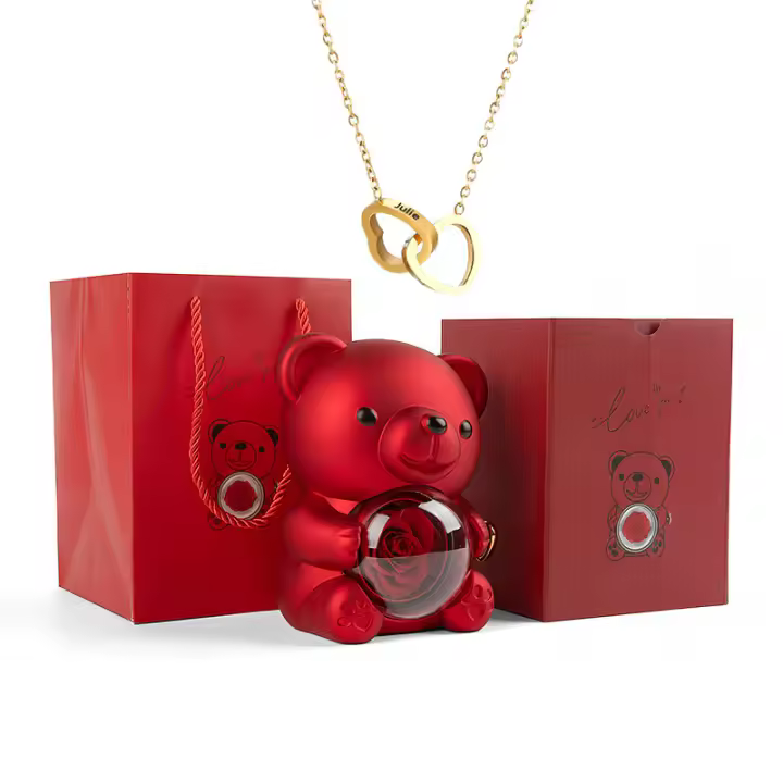 Osito de Rosa Preservada con Collar Personalizado – Regalo Romántico para Navidad, San Valentín, Cumpleaños y Día de la Madre - 1