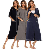 Bata larga de media manga con cremallera para mujer, ropa de dormir de longitud completa, Camisón con bolsillos, bata de baño - details 1