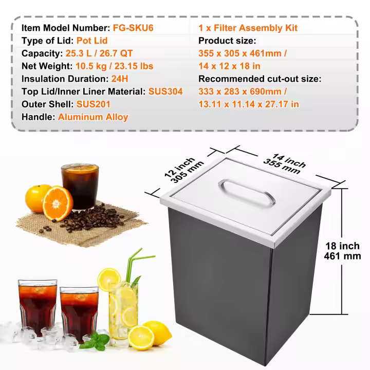 SucceBuy Nevera de hielo empotrable, refrigerador de acero inoxidable de 14 pulgadas de largo x 12 pulgadas de ancho x 18 pulgadas de alto, contenedor de hielo para cocina al aire libre de 40 cuartos con tapa, tubo de drenaje, tapón para vino y cerveza - 1