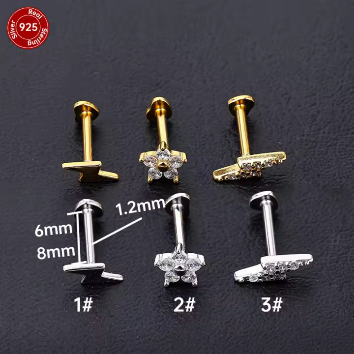 Pendientes de plata de ley 925 con diseño de flor para mujer, aretes de 2 piezas, Piercing de hilo de 16G, joyería fina de boda de oro de 18K - 1
