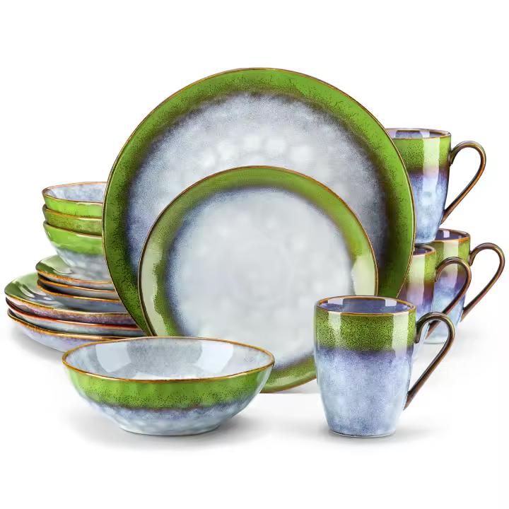 Vajilla de Cena Vancasso Starry 16/32/48 Piezas con Degradado Azul-Verde para Mesa de Cena Plato de Postre Tazas para 4/8/12 Cerámica Adecuada para Todas las Estaciones - 1