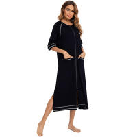 Bata larga de media manga con cremallera para mujer, ropa de dormir de longitud completa, Camisón con bolsillos, bata de baño - details 8