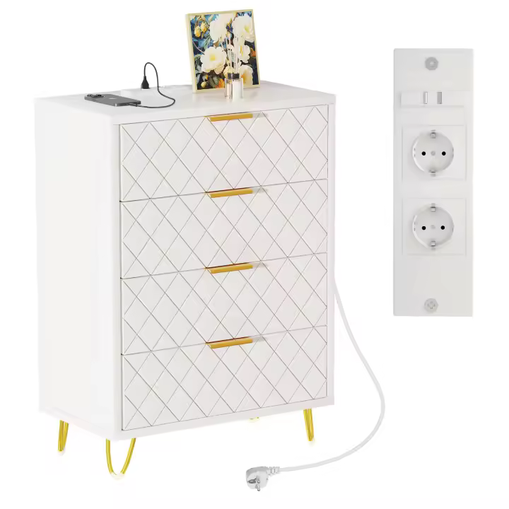 Rcynview Mesita de Noche Moderna Resistente a Arañazos, Material de Madera, 4 Cajones, 2 Enchufes AC, 2 Puertos USB Ideal para Dormitorio, Sala de Estar - 1