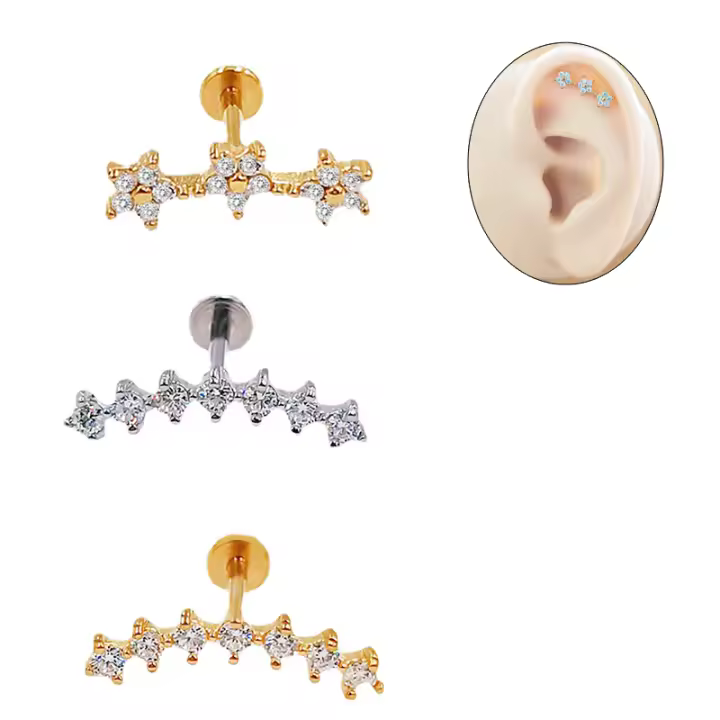Piercing labret de acero quirúrgico para cartílago, pendiente largo de circonia cúbica, con rosca interna, de 16g, para tragus, con hélice delantera y parte posterior plana, 100%, 316L - 1