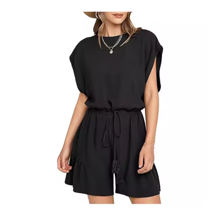 Nuevo mono de verano de algodón y lino, mono suelto de cintura casual de manga corta para mujeres - 1