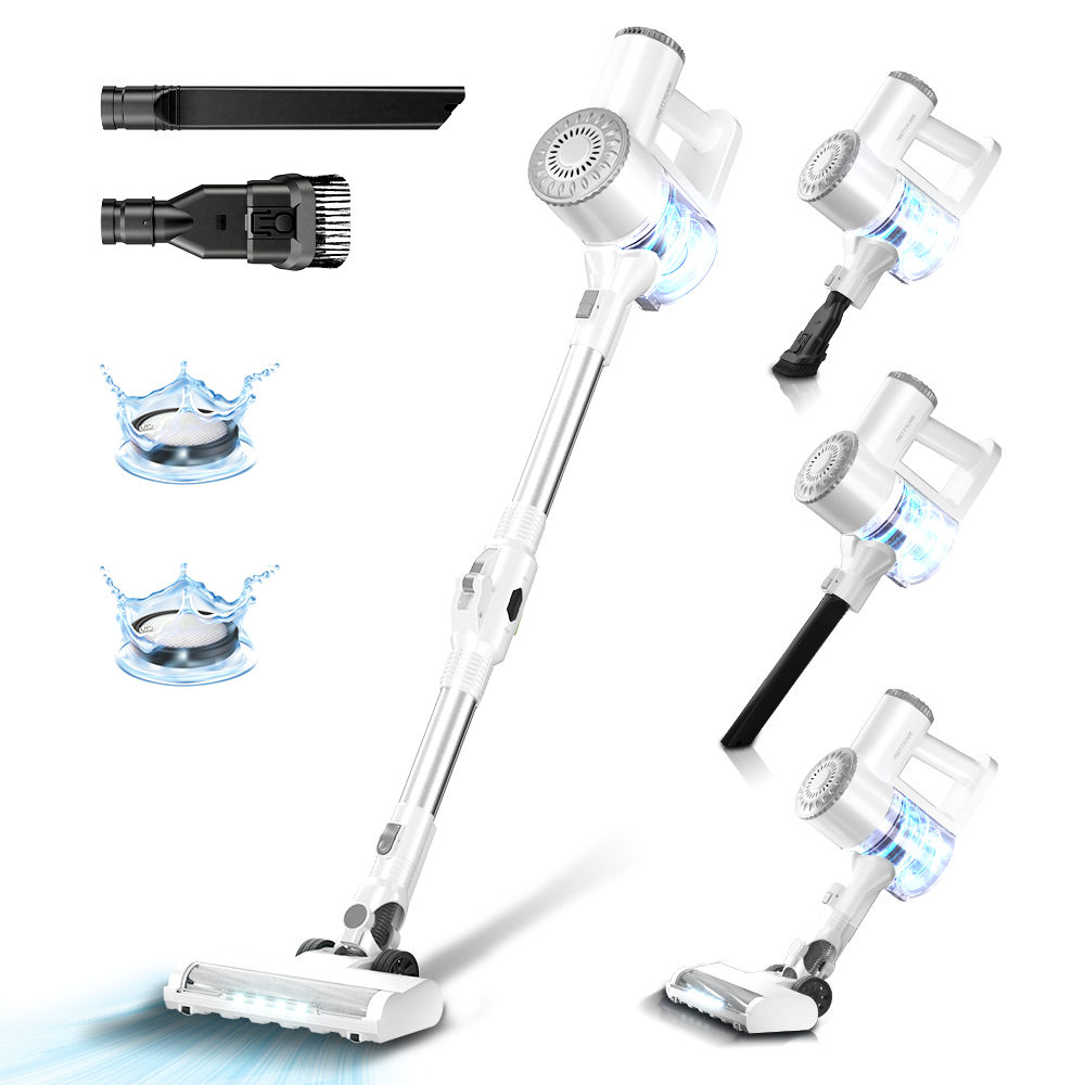 PrettyCare W400 Aspiradora Inalámbrica 25Kpa 40 Minutos Potente Aspiradora con 3 Cabezales de Cepillo Autoestables Faro LED