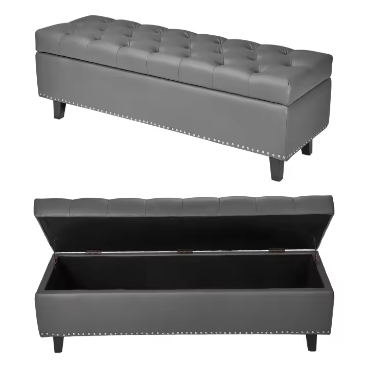 Banco Otomano de Almacenamiento con Botones SucceBuy, Asiento de Cuero Sintético con Almacenamiento Oculto y Patas de Madera, Elegante Banco para Zapatos para la Entrada, Banco Tapizado para Dormitorio, Sala de Estar o Comedor, Gris - 1