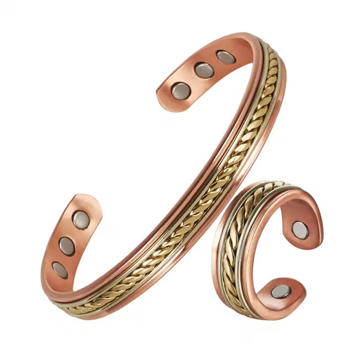 Conjunto de Joyería de Cobre Puro Pulsera Anillos Magnéticos Ajustables de Color Oro - 1
