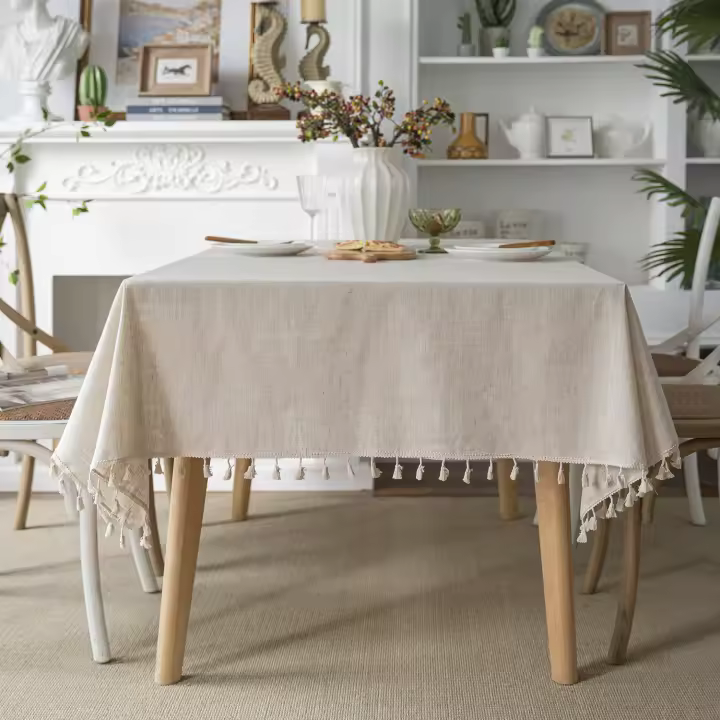 TK Manteles Rectangulares Color Sólida de Lino con Borlas Decoración del Hogar Mantel Antimanjas Cuadrada para Mesa Bodas Fiesta Buffet Beige - 1